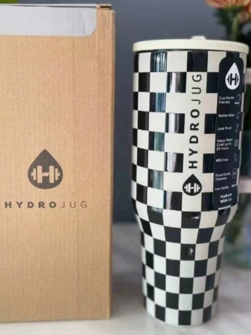 Hydrojug Traveler 40 oz Limited Edition Black White Checkered Insulated Tumbler